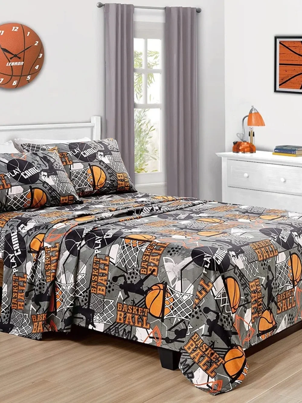 Basketball Print Sheet Set - Orange & Gray Sports Bedding